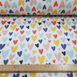 Half Panama Hearts Colors fabric - Decorative fabric half panama with drawings of colored hearts in various sizes on a white background. The fabric of half panama is used a lot in home decorations, as well as some garments. The fabric is 280cm wide an
