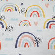 Half Panama Rainbow Colors fabric - Decorative fabric half panama with drawings of colored rainbows, clouds and hearts on a white background. The half panama fabric is widely used in home decoration, as well as some garments. The fabric is 280cm wide a