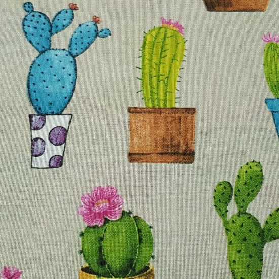Canvas Cactus Pots fabric - Strong and resistant canvas fabric with different cactus drawings in varied pots on a beige background. For decoration or to make some cushions will be fabulous!