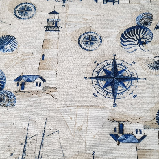 Canvas Lighthouse Sea Shells fabric - Decorative canvas fabric with marine drawings where lighthouses, sea shells, compasses, sailboats appear... where the color blue predominates. An ideal fabric for decorating spaces to give them a marine touch. The fa