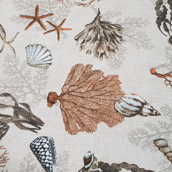 Canvas Coral Seabed fabric - Decorative canvas fabric with maritime-themed drawings where marine corals, conch shells, starfish... appear on a light background. Canvas fabrics are ideal for decorating spaces, making crafts such as bags, bags, toteba