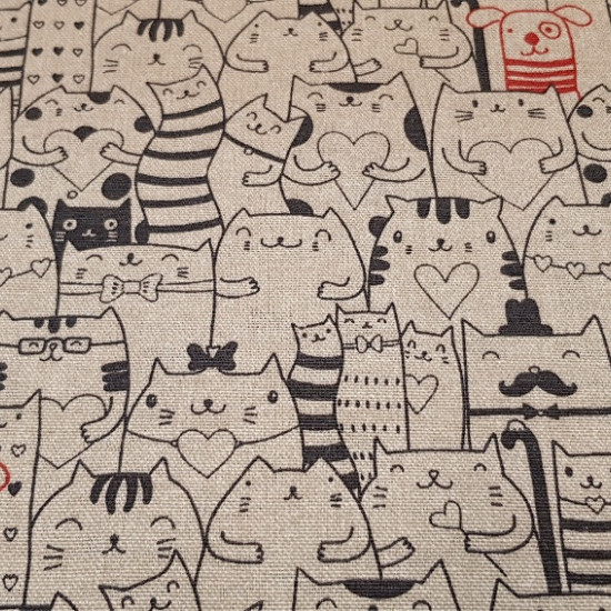 Canvas Funny Cats fabric - Very funny canvas with drawings of kittens of many types in black stroke, some fat kittens, some kittens with glasses... and in the middle of so much cat, a puppy with a red stroke.