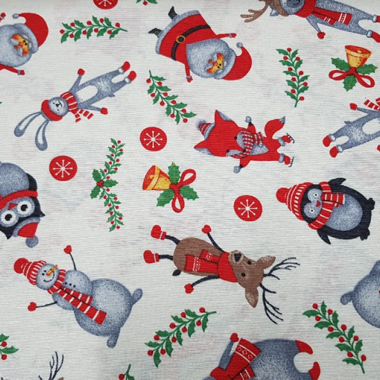 Canvas Christmas Animals fabric - Nice canvas fabric printed with drawings of Santa Claus, owls, penguins, polar bears, foxes and more animals with Christmas decorations on a white background. 
