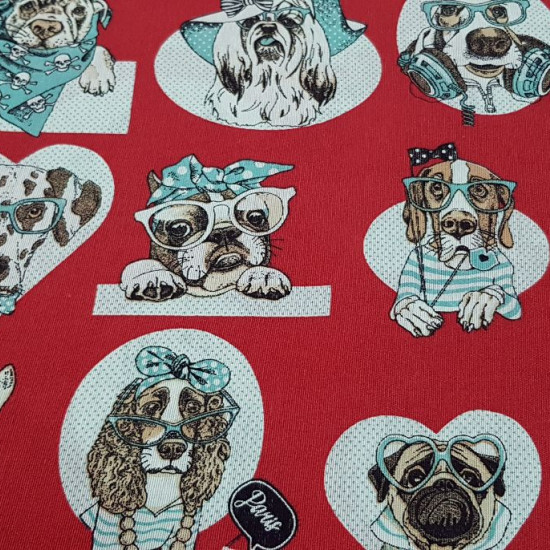 Canvas Dogs Glasses Red fabric - Decorative canvas fabric with drawings of dogs with glasses on a red background with shapes of hearts, circles... The fabric is 280cm wide and its composition is 70% cotton - 30% polyester.