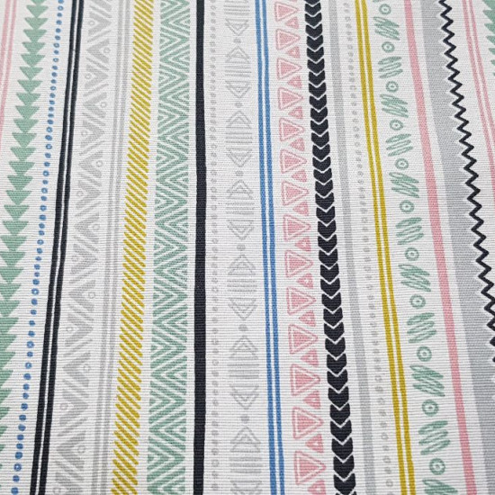 Tela Loneta Rayas Estilo Azteca - Tela de loneta decorativa con dibujos de rayas y formas de varios colores estilo azteca sobre un fondo blanco. La tela mide 280cm de ancho y su composición 70% algodón - 30% poliester.