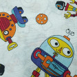 Tela Loneta Robots - Tela de loneta infantil muy divertida con dibujos de robots y piezas mecánicas sobre un fondo claro tirando a blanco con formas de piezas contorneadas en gris. La tela mide 280cm de ancho y su composición 70% algodón