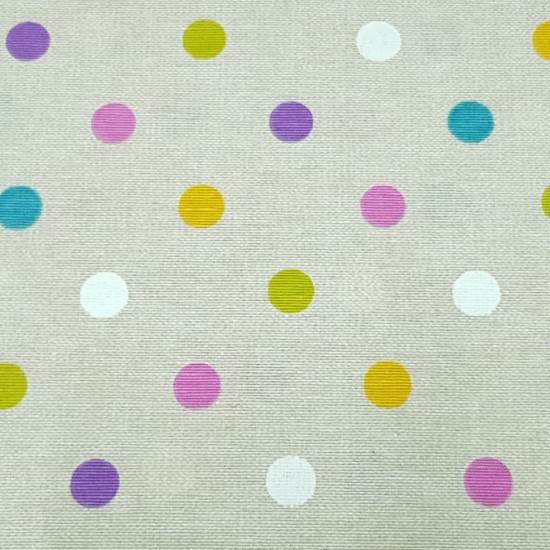 Canvas Polka Dots Multicolor fabric - Very funny canvas fabric with drawings of moles or polka dots of various colors on a beige background. You can use this canvas fabric for a multitude of creations, whether they be bags, children's decorations, cushion