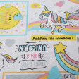 Canvas Unicorns Phrases fabric - Decorative canvas fabric stamped with drawings of unicorns and positive phrases in English in colorful tones. The fabric is 280cm wide and its composition is 70% cotton - 30% polyester.