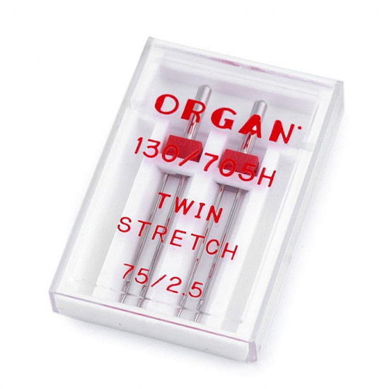 Twin Stretch Needle 75/2.5 Organ - Twin stretch needle of the Japanese brand Organ, ideal for elastic fabrics such as jersey, lycra, sweatshirt... The separation between the two needles is 2.5mm. Two units are included in the blister. Organ needle