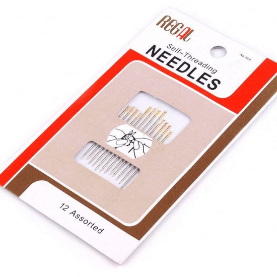 Self Threading Needles - Set of 12 hand sewing needles for easy threading or self-threading. Needles of the following lengths are included: 38, 40 and 45mm