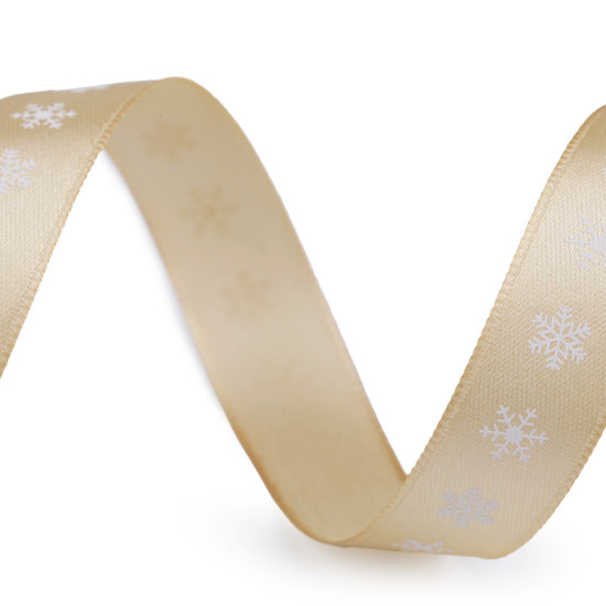 Cinta Raso Decorativa Copos Nieve 15mm Cinta Raso Decorativa Copos Nieve 15mm - Cinta de raso/satén con motivos de copos de nieve en tonos plata o dorado según el color de la cinta, que tiene un ancho de 15mm. El estampado es en una sola cara. Esta cinta es el complemento perfecto par