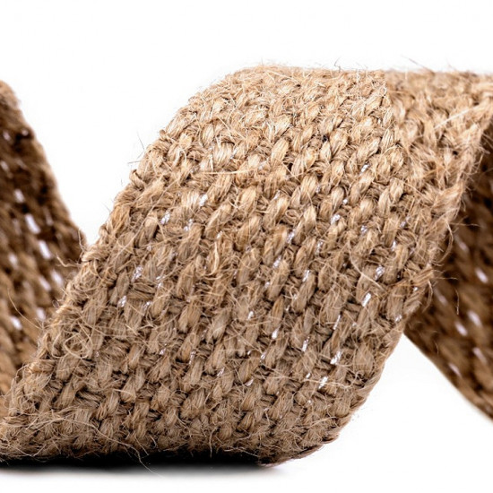 Jute Webbing 30mm - Jute webbing 30mm (3cm) width ribbon made from a natural material (jute). This ribbon is ideal for decorations, jute bags... The ribbon is 30mm wide and its composition is 100% jute. It has a thickness of 1.4mm.