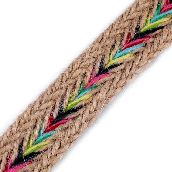 Jute Bohe Webbing 25mm - Jute webbing 25mm (2.5cm) wide with colored decoration in the central part that makes it especially pretty, ideal for home decorations, wedding decorations, bags or jute bags... The ribbon is 25mm wide and its compos
