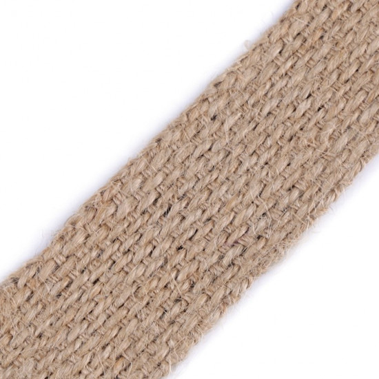 Jute Webbing 30mm - Jute webbing 30mm (3cm) width ribbon made from a natural material (jute). This ribbon is ideal for decorations, jute bags... The ribbon is 30mm wide and its composition is 100% jute. It has a thickness of 1.4mm.