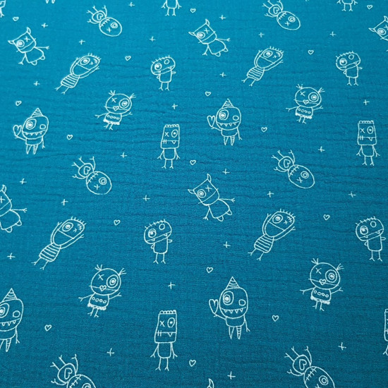 Double Gauze Little Monsters fabric - Double gauze cotton fabric with a children's theme with drawings of funny monsters in white lines and a background with little stars and hearts on various colored backgrounds. The fabric measures 135cm wide and i