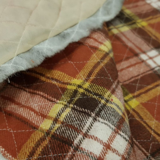 Tela Retal Franela Acolchada - Retal de franela acolchada con cuadros de tipo escocés colores rojo teja, marron y amarillo.  Medidas (cm): 130x140