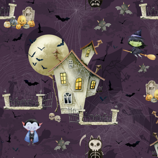 Algodón Halloween Casa Encantada - Tela de popelín algodón orgánico de temática Halloween con dibujos de casa encantada, vampiros, brujas voladoras, calabazas, murciélagos... sobre un fondo violeta. La tela mide 150c