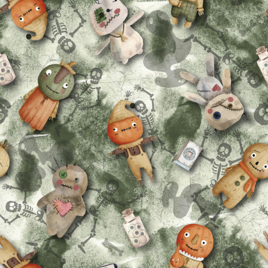 Cotton Halloween Voodoo Dolls fabric - Halloween-themed organic cotton poplin fabric with fun drawings of voodoo dolls, jars with eyes... on a background in shades of green with shadows of skeletons and ghosts. The fabric is 150cm wide and its composition