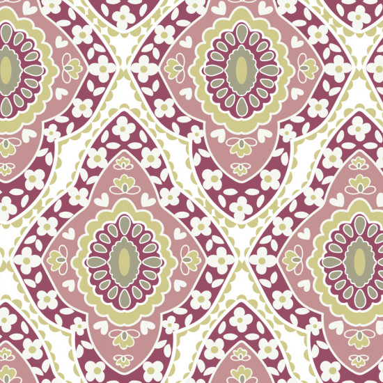 Algodón Mosaico Floral Willow - Tela de popelín algodón orgánico con dibujos ornamentales de mosaicos formados por flores y formas geométricas en tonos rosas y verdes. La tela mide 150cm de ancho y su composición