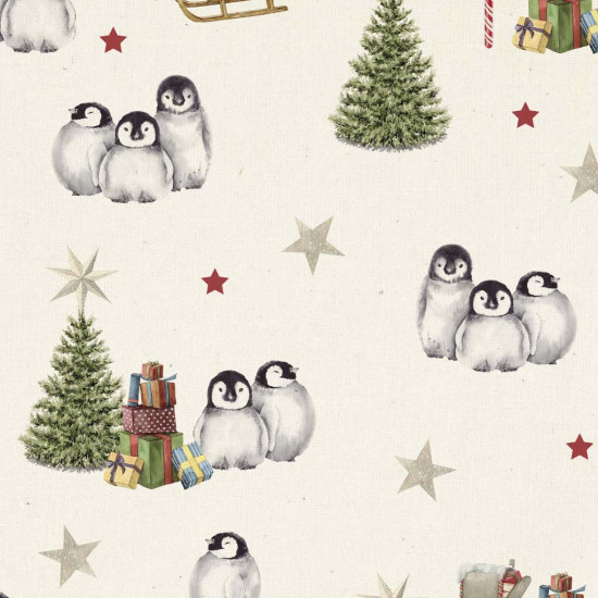 Algodón Navidad Pinguinos - Tela de popelín algodón orgánico de temática navideña, donde aparecen pingüinos, árboles de navidad, regalos y estrellas sobre un fondo claro. La tela mide 150cm de anch