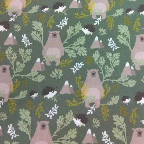 Cotton Bears and Hedgehogs Forest fabric - Organic cotton poplin fabric with drawings of bears and hedgehogs in the forest. The fabric is 150cm wide and its composition is 100% cotton.