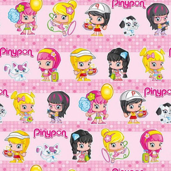 Cotton Pinypon fabric - Licensed cotton fabric with drawings of Pinypon toys and logos. The fabric measures 150cm wide and its composition is 100% cotton.