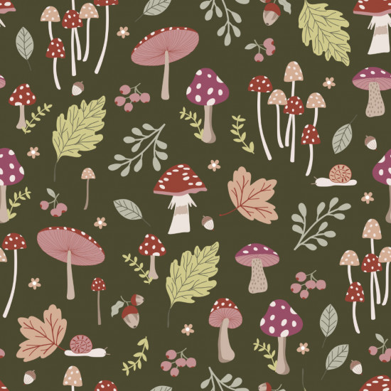 Cotton Mushrooms Fall Leaves Willow fabric - Organic cotton poplin fabric with autumn drawings of mushrooms, tree branches and leaves and other fruits on a dark green background. The fabric is 150cm wide and its composition is 100% cotton.