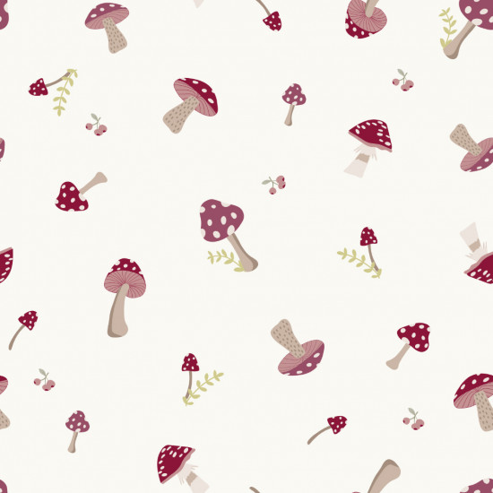 Cotton Mushroom Willow fabric - Organic cotton poplin fabric with drawings of various mushrooms on a light background. The fabric is 150cm wide and its composition is 100% cotton.