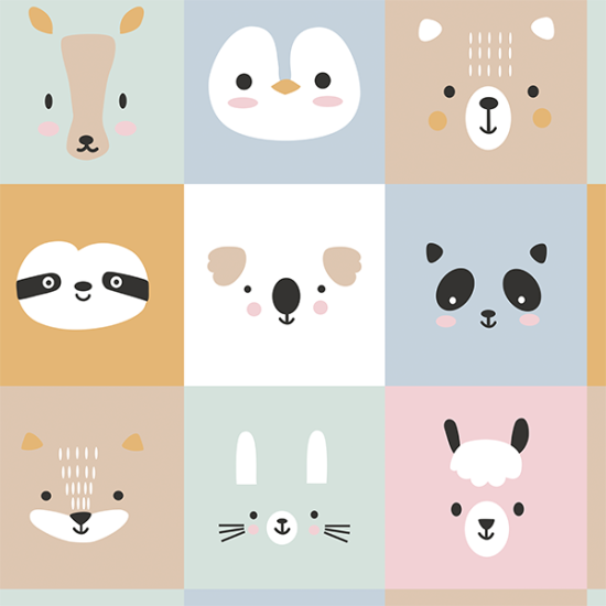 Coral Fleece Animals Panels fabric - Soft coral fleece fabric with a children's theme featuring animal faces in panels of different colors. The fabric is 150cm wide and is 100% polyester.