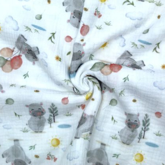Tela Doble Gasa Hipopótamos Globos Doble Gasa Hipopótamos Globos - Dale vida a las prendas de los más pequeños con nuestra tela de doble gasa de algodón con estampado de simpáticos hipopótamos. En este bonito diseño, aparecen hipopótamos