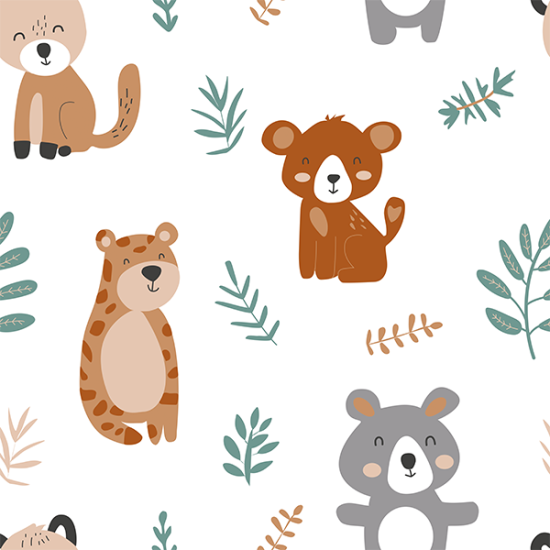 Coral Fleece Animals Forest Asper fabric - Children's-themed coral fleece fabric with drawings of forest animals and branches on a white background. The fabric is 150 cm wide and is made of 100% polyester.