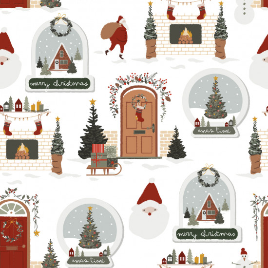 Cotton Christmas Xmas Time White fabric - Christmas-themed organic cotton poplin fabric with drawings of decorated houses, sleighs, chimneys... it's Christmas time, on a white background. The fabric measures 145cm wide and its composition is 100% cotton.