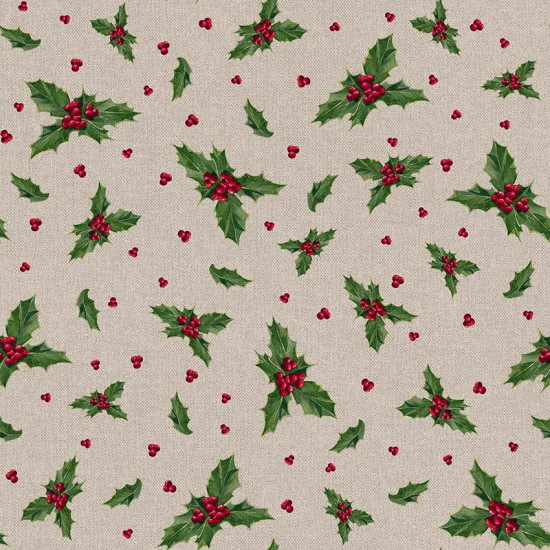 Cotton Canvas Christmas Holly fabric - Decorative cotton canvas fabric in culla background with holly drawings that reminds us of Christmas decorations. The fabric is 140cm wide and its composition is 100% cotton.