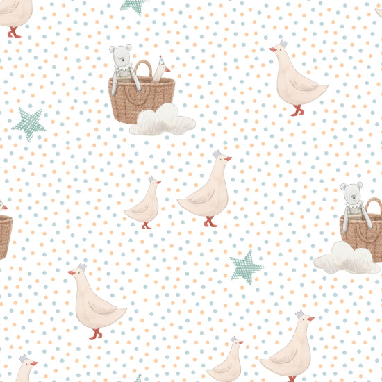 Piqué Toy Gansos Topitos - Tela de piqué canutillo de algodón con dibujos infantiles de gansos, cestas con peluches, estrellas y topitos de colores sobre un fondo blanco. La tela mide 150cm de ancho y su composición 100% a