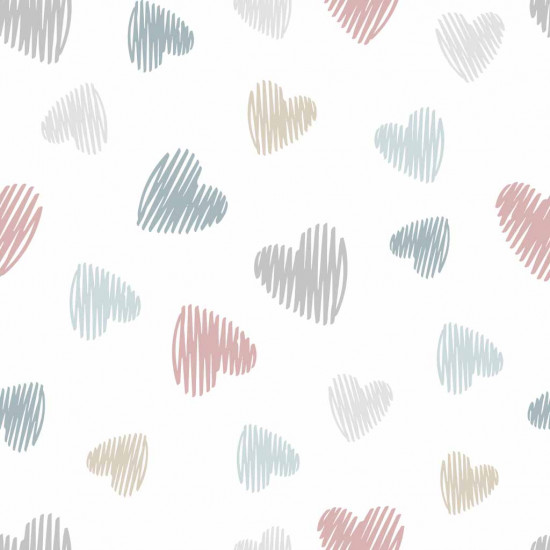 Coral Fleece Hearts Colors fabric - Soft-touch coral fleece fabric with drawings of colored hearts on a white background. The fabric is 150cm wide and its composition is 100% polyester.