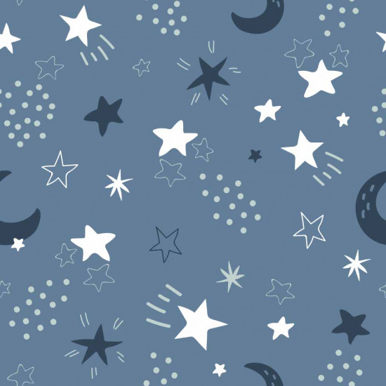 Polar Coralina Estrellas Lunas - Tela de polar tipo coralina muy suave al tacto con dibujos de estrellas de varios estilos, lunas y topitos sobre un fondo de color azul. La tela mide 150cm de ancho y su composición 100% poliéster.