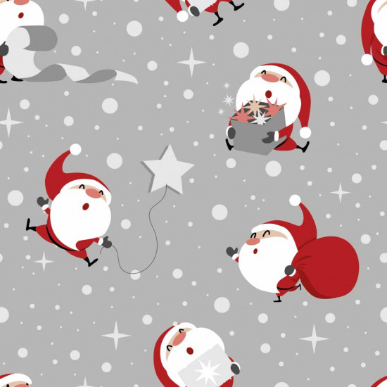 Coral Fleece Santa Claus Gifts fabric - Coral fleece fabric with Christmas drawings of Santa Claus with sacks of gifts on a gray background with snowflakes and stars. The fabric is 150cm wide and its composition is 100% polyester.