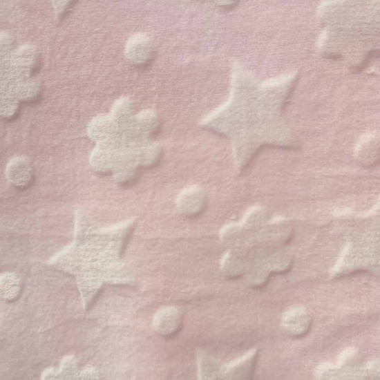 Polar Coralina Baby Estrellas - Tela de polar coralina colección Baby, con dibujos en relieve de estrellas, nubes y pequeños círculos. La tela mide 150cm de ancho y su composición 100% poliester.