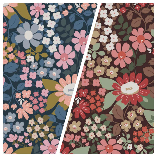 Cotton Assorted Flowers Floret fabric - Organic cotton poplin fabric with drawings of flowers of various sizes and colors, predominantly blue and brown tones. Fabric more than indicated for patchwork creations. The fabric measures 150cm wide and its compo