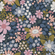 Algodón Flores Variadas Floret - Tela de popelín algodón orgánico con dibujos de flores de varios tamaños y colores, predominando los tonos azules y marrones. Tela más que indicada para las creaciones de patchwork