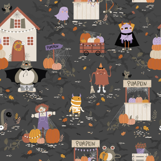 Cotton Halloween Ghosts and Pumpkins fabric - Halloween-themed cotton fabric with scary ghost drawings of many colors and shapes and terrifying Halloween pumpkins too. The fabric has a 100% cotton composition and is 140cm wide.