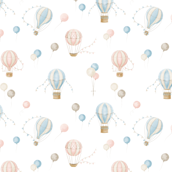 Piqué Nube Globos - Tela de piqué algodón canutillo infantil con dibujos de globos y globos aerostáticos con banderines, todo ello en tonos de colores rosa azul sobre un fondo blanco. La tela mide 160cm de ancho y s