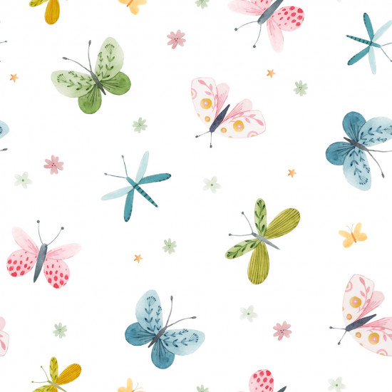 Cotton Jersey Butterflies Dragonflies fabric - Cotton jersey fabric with drawings of butterflies, dragonflies and colored flowers on a white background. The fabric is 150cm wide and its composition is 95% cotton - 5% elastane.