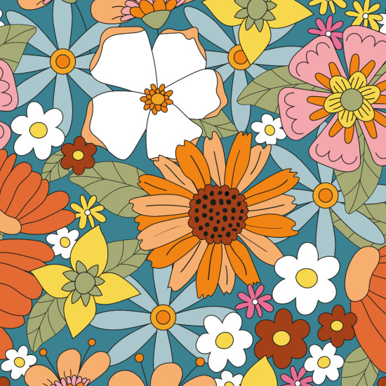 Cotton Floral Spirit fabric - 100% organic cotton poplin-type fabric with flower drawings of many colors and types. Ocher colors predominate, going through green, white and yellow. This fabric is ideal for clothing and decorations, accessories, Patch