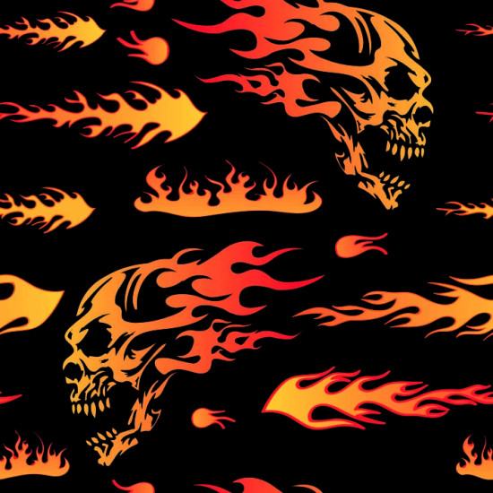 Burlington Fire Skulls fabric - Burlington/stretch polyester fabric with flame and skull designs on a black background. The fabric is 150cm wide and is made of 100% polyester.