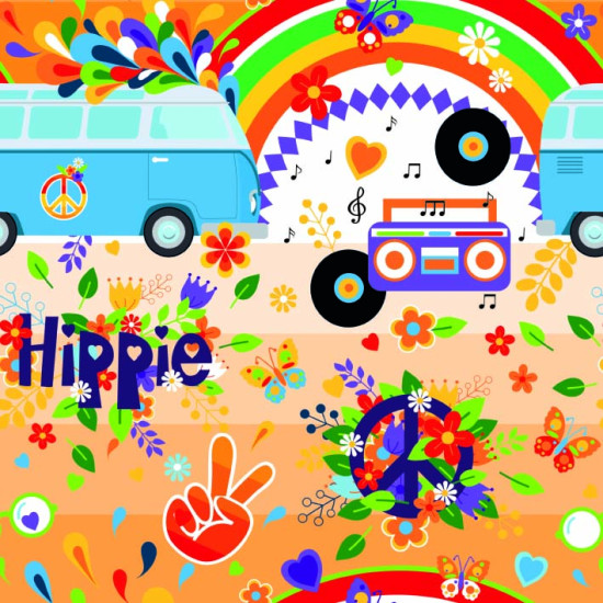 Burlington Hippie Camper fabric - Decorative polyester fabric, Burlington/stretch fabric, featuring colorful designs of campers, rainbows, peace symbols with flowers, the word "hippie"... The fabric is 150cm wide and made of 100% polyester.