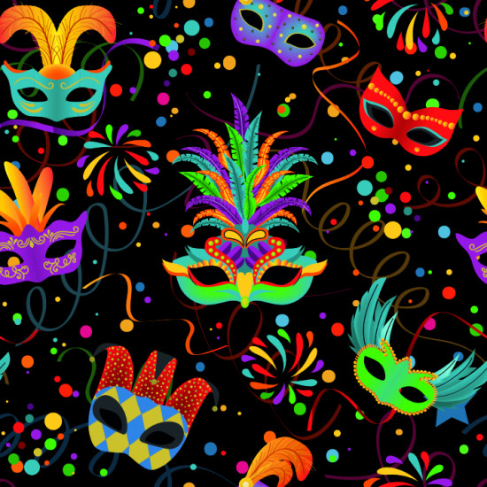 Burlington Carnival Masks fabric - Stretch polyester/burlington fabric with striking designs of colorful Venetian masks on a black background with confetti and streamers reminiscent of Carnival. The fabric is 150 cm wide and is made of 100% polyester.