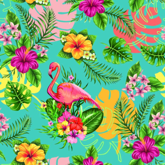 Burlington Tropical Flamingos fabric - Decorative burlington/stretch polyester fabric with colorful tropical flower and flamingo designs on a sea green/turquoise background. The fabric is 150cm wide and is made of 100% polyester.