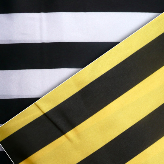 Satin Black Stripes fabric - Satin fabric, bright on one side and with a lot of fall. Wide stripe print in black with various color combinations to choose from. The fabric is 150cm wide and its composition 100% polyester.