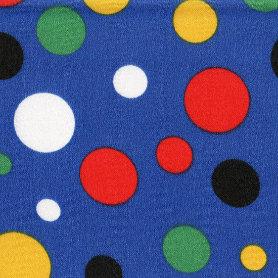 Satin Topos Multicolor Blue Background fabric - Satin fabric, bright on one side and with a lot of fall. Polka dot print in various colors on blue background. Ideal for clown costume. The fabric is 150cm wide and its composition 100% polyester.